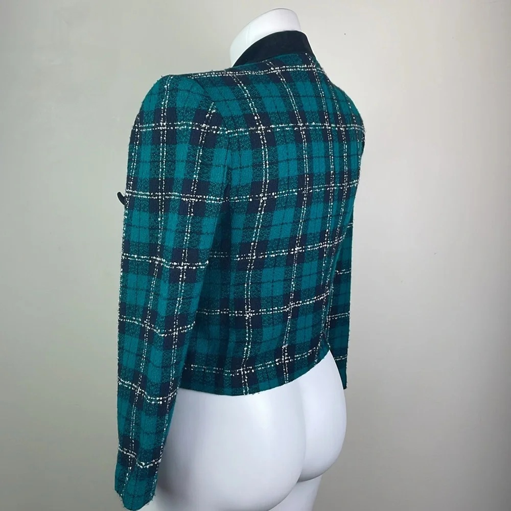 Positive Attitude Vintage Tweed Blazer Velvet Collar Teal Green Plaid